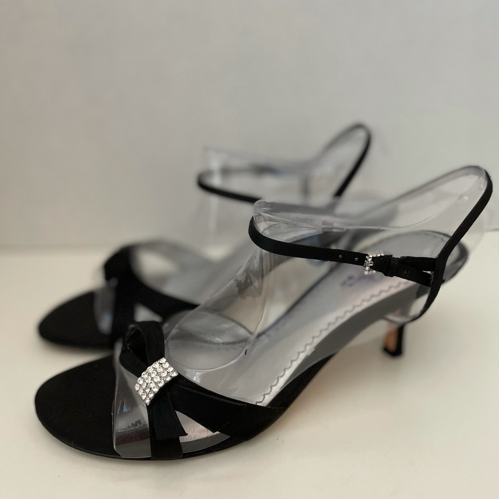 Platinum BP Larissa Black Satin High Heel Dress Sandals, 8M, EUC.